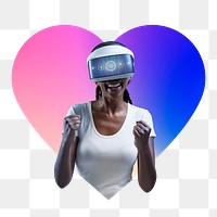 Png woman wearing vr glass, metaverse concept, heart badge design in transparent background