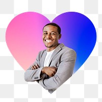 Armed cross businessman png, heart badge design in transparent background