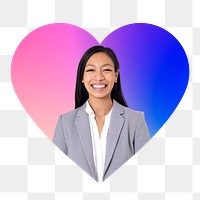 Happy Asian businesswoman png, heart badge design in transparent background