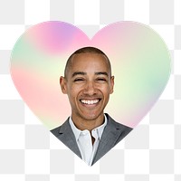 Happy businessman png, heart badge design in transparent background