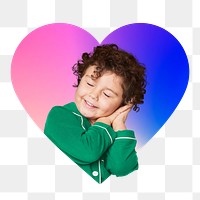 Png sleepy boy in pajamas, heart badge design in transparent background