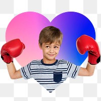 Boy boxing glove png, heart badge design in transparent background