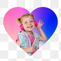 Png girl listening to music, heart badge design in transparent background