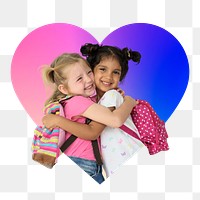 Png happy little girls hugging each other, heart badge design in transparent background