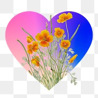 Yellow flower png on gradient shape, heart badge in transparent background