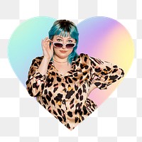 Png fashionable woman wearing sunglasses, heart badge design in transparent background