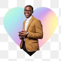 Happy businessman png, heart badge design in transparent background