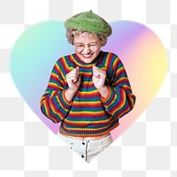 Excited girl png, heart badge design in transparent background