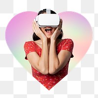 Png woman wearing vr glass, metaverse concept, heart badge design in transparent background