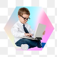 Png boy using a laptop, hexagon badge in transparent background