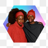 Png fashionable friends in red and back, hexagon badge in transparent background