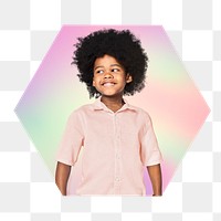 Smiling little boy png, hexagon badge in transparent background