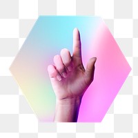 Finger point up png, hexagon badge in transparent background