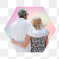 Couple on vacation png, hexagon badge in transparent background