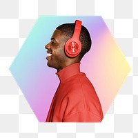 Png man wearing red headphone, hexagon badge in transparent background