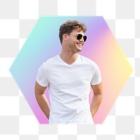 Man wearing sunglasses png, hexagon badge in transparent background