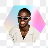 Man wearing sunglasses png, hexagon badge in transparent background