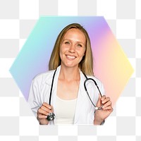 Female doctor png with stethoscope, hexagon badge in transparent background