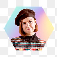 Artsy woman png, hexagon badge in transparent background