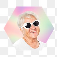 Png fashionable senior woman wearing glasses, hexagon badge in transparent background