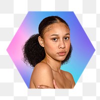 Png woman portrait with natural skin, hexagon badge in transparent background