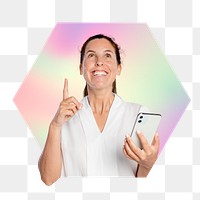 Png woman coming up with ideas carrying a phone, hexagon badge in transparent background