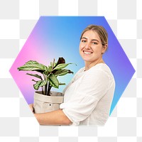 Png woman carrying plant pot, hexagon badge in transparent background