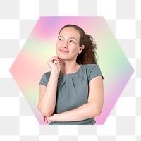 Thinking woman png, hexagon badge in transparent background