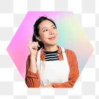 Happy entrepreneur png wearing apron, hexagon badge in transparent background