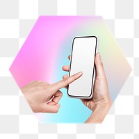 Hand using phone png, hexagon badge in transparent background