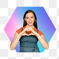 Png woman doing a heart shape hand gesture, hexagon badge in transparent background