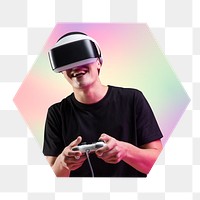 Man wearing vr glass, metaverse game play concept, hexagon badge in transparent background