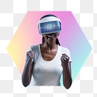 Png woman wearing vr glass, metaverse concept, hexagon badge in transparent background