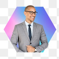 Happy businessman png, hexagon badge in transparent background