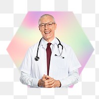 Male doctor png with stethoscope, hexagon badge in transparent background