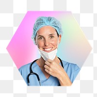 Female surgeon png, hexagon badge in transparent background