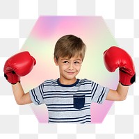 Png boy wearing boxing glove, future athlete, hexagon badge in transparent background