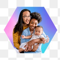 Happy diverse family png, hexagon badge in transparent background