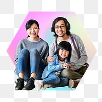 Happy Asian family png, hexagon badge in transparent background