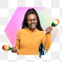 Woman shaking maracas png, hexagon badge in transparent background