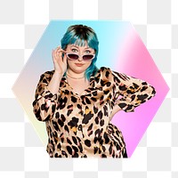 Png fashionable woman wearing sunglasses, hexagon badge in transparent background