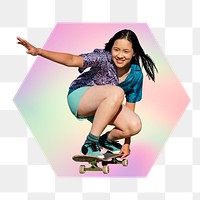 Young woman skateboarding png, hexagon badge in transparent background