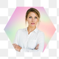Png ams crossed business woman, hexagon badge in transparent background