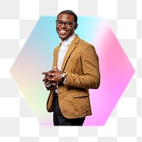 Happy businessman png, hexagon badge in transparent background