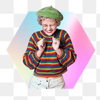 Excited girl png, hexagon badge in transparent background