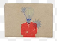 Png light bulb head businessman sticker, newspaper cover, business concept art, transparent background