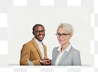 Smiling business png people, newspaper cover sticker on transparent background