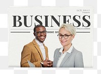 Cheerful work png colleagues newspaper sticker, business article headline, transparent background