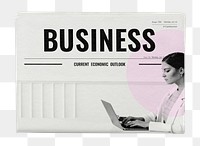 Businesswoman png typing on laptop newspaper sticker, business headline, transparent background