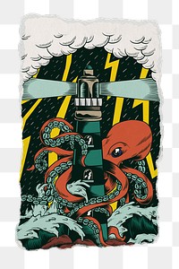 Png octopus attacks lighthouse sticker, ripped paper transparent background